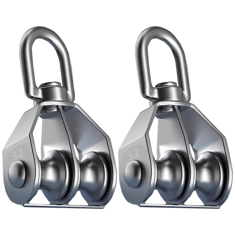Twours Pulley 304 Stainless Steel Double Pulley Block M32 Small Heavy Duty Swivel Bearing Pulley System for Rigging, Lifting, Cargo Transportation,Gym Equipment (SHL-M32 2PCS) - Image 1